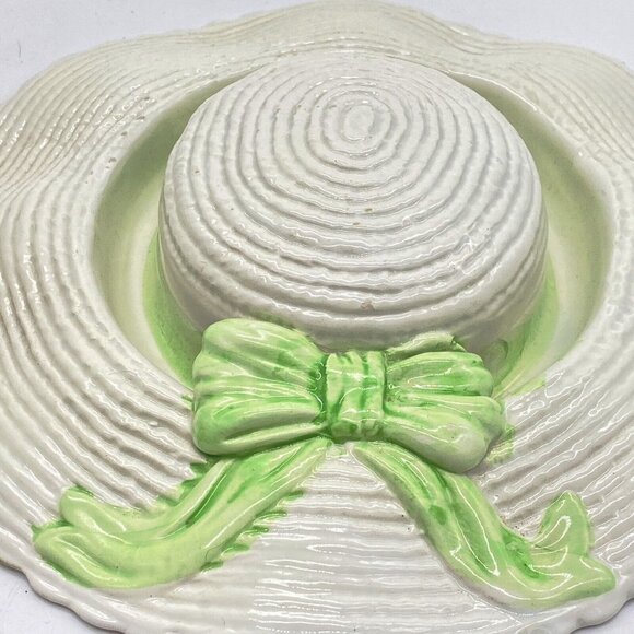 Vtg White Straw Hat Ceramic Green Bow Decor Ring Ashtray Vanity 9.5" Italy 485/8 - Picture 2 of 8